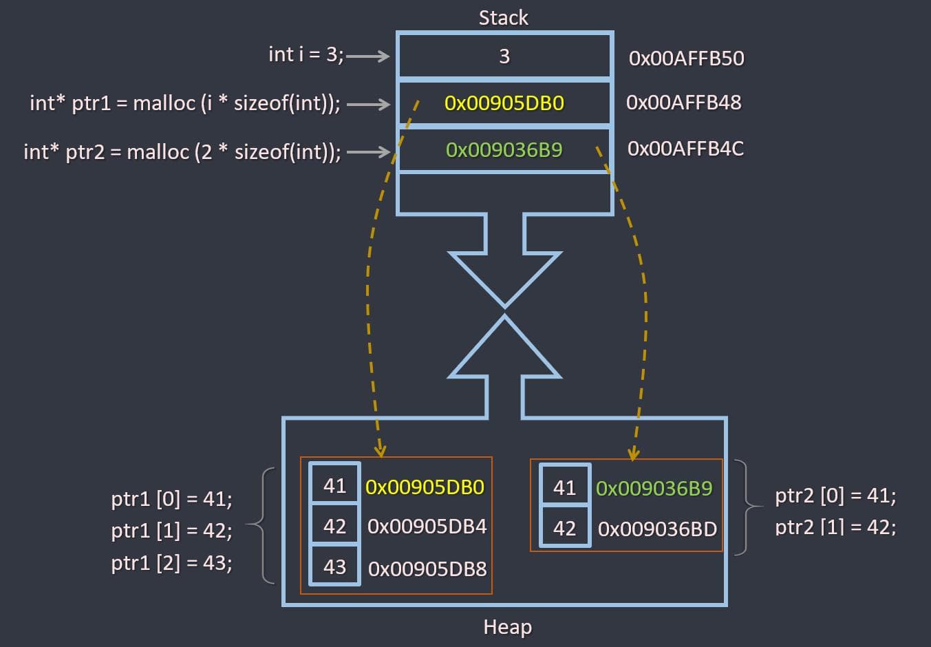 Illustration of stack and heap memory management